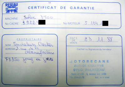 Garantie Solex MBK 3800 CARTIER